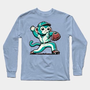 Throwback monkey pitcher - Vintage 1990s Cartoon Style Baseball Art Long Sleeve T-Shirt